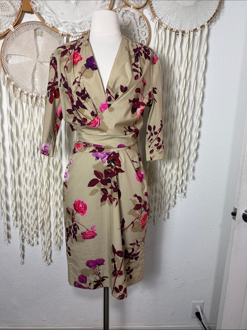 Dries Van Noten Darmina Rose Print Midi Wrap Dress in Sand Size 36/US6